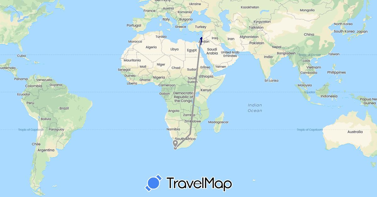 TravelMap itinerary: driving, plane, hiking in Israel, Palestinian Territories, South Africa (Africa, Asia)